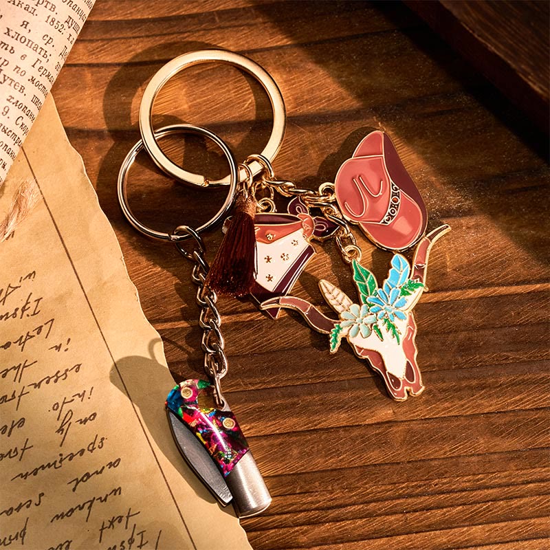 Portachiavi con ciondolo a forma di testa di toro e fiore occidentale, multi-elemento, coltello pieghevole - Testa di toro fiorita - image 0
