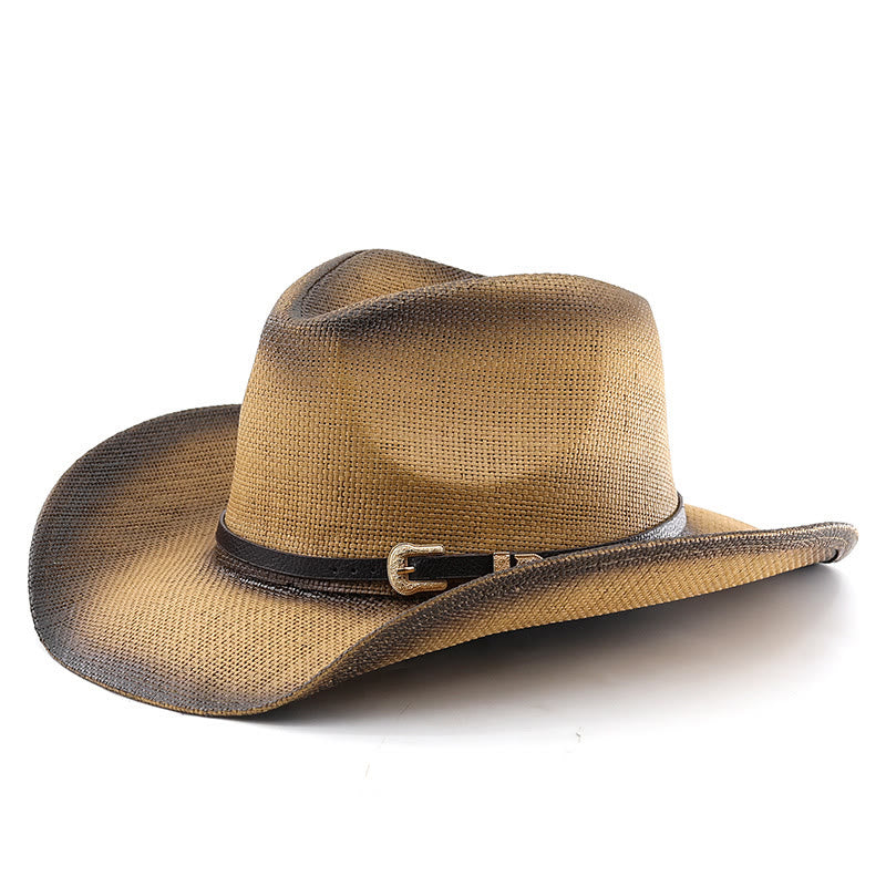 Cappello da cowboy a tesa larga con cintura in paglia sfumata in stile retrò - Cachi - M (22"-22 7/8") - image 0