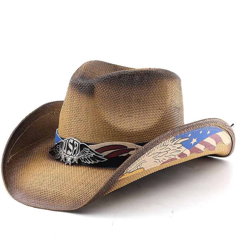 Cappello da cowboy western da uomo in paglia con emblema dell'aquila degli Stati Uniti - Cachi - M (22"-22 7/8") - image 0