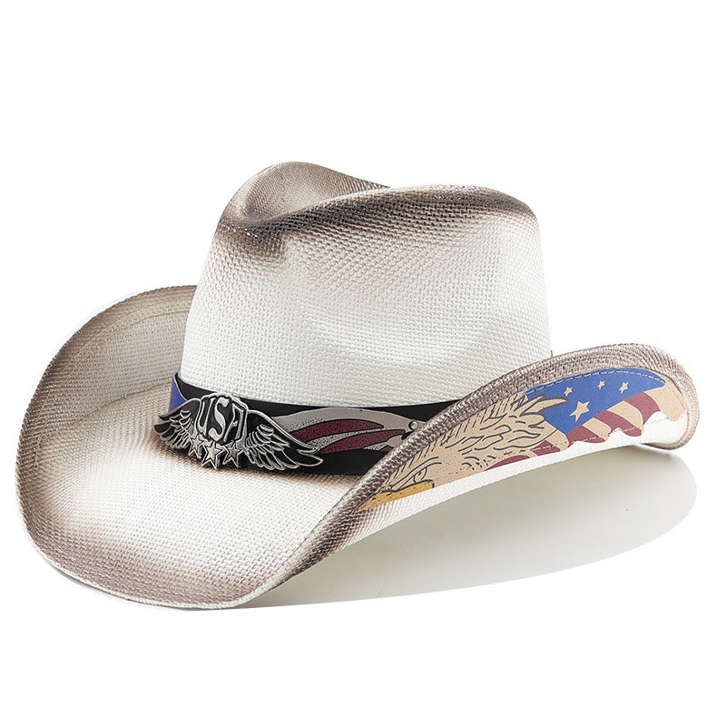 Cappello da cowboy western da uomo in paglia con emblema dell'aquila degli Stati Uniti - Bianco - M (22"-22 7/8") - image 5