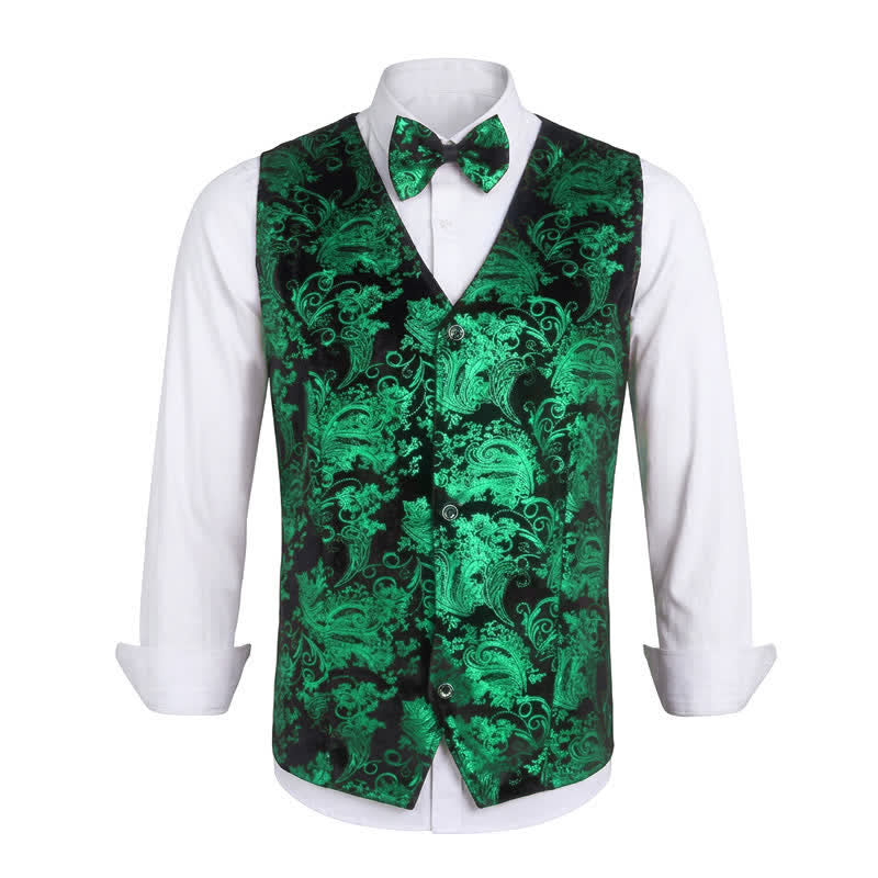 Gilet da uomo elegante con scollo a V e motivo paisley stampato a caldo, completo di papillon. - Verde - 3XL - image 14