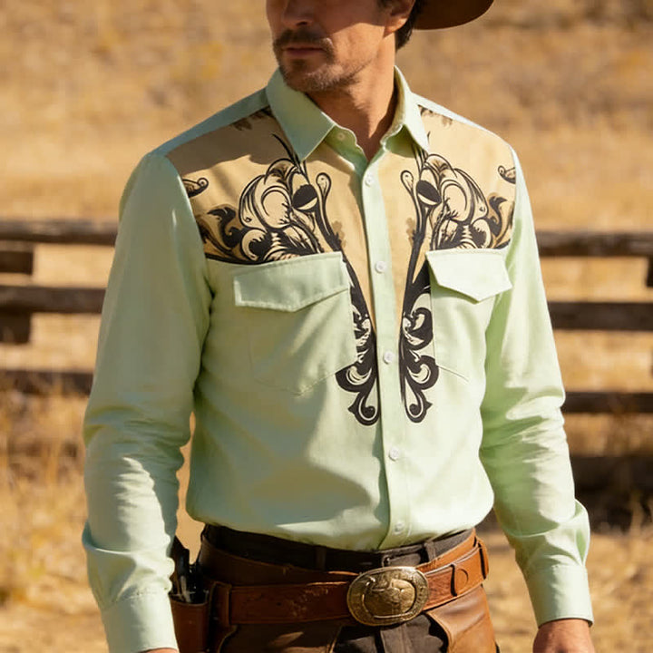 Camicia da uomo a maniche lunghe in stile western con stampa 3D a volute barocche. - Verde - 6XL - image 0