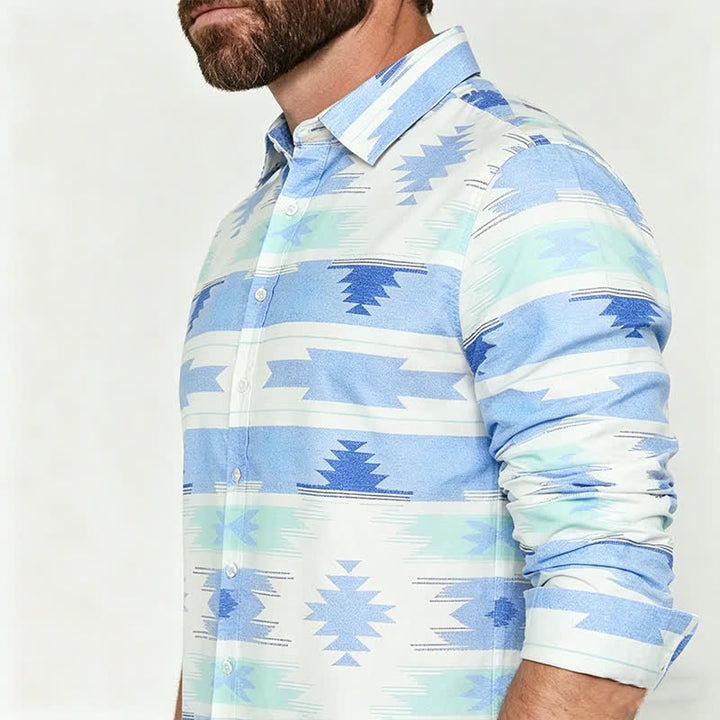 Camicia western da uomo azzurra con stampa geometrica azteca - image 3