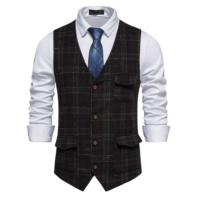 Gilet da uomo vintage a quadri con colletto e bottoni - Nero - 2XL - image 7