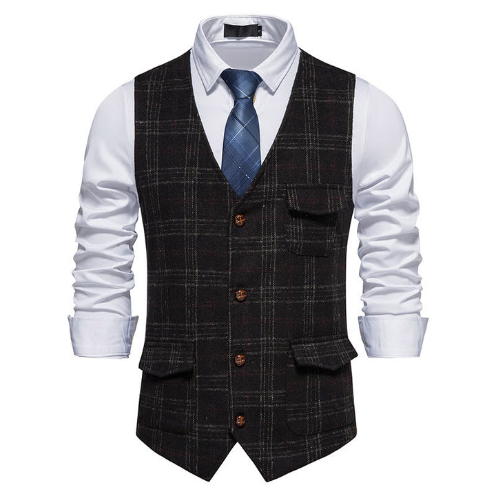 Gilet da uomo vintage a quadri con colletto e bottoni - Nero - 2XL - image 7