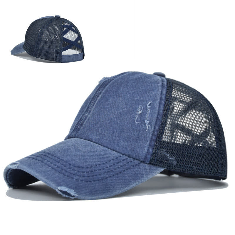 Cappellino da baseball in cotone lavato con inserti in rete incrociati effetto invecchiato. - Blu navy e nero - Regolabile (circa 21 5/8"-22 7/8") - image 0