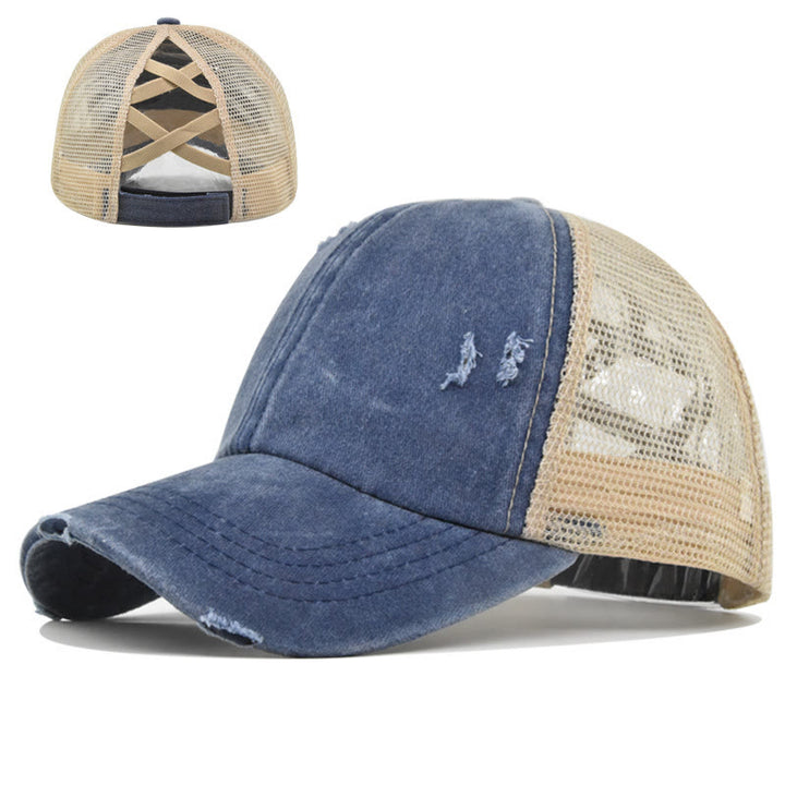 Cappellino da baseball in cotone lavato con inserti in rete incrociati effetto invecchiato. - Blu navy e bianco - Regolabile (circa 21 5/8"-22 7/8") - image 12