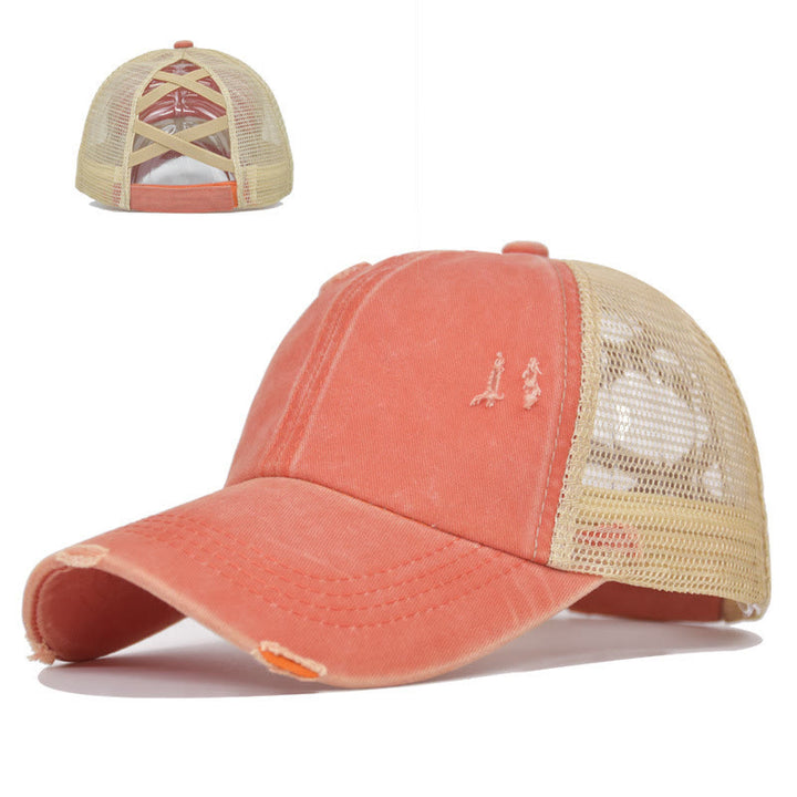Cappellino da baseball in cotone lavato con inserti in rete incrociati effetto invecchiato. - Arancia - Regolabile (circa 21 5/8"-22 7/8") - image 3
