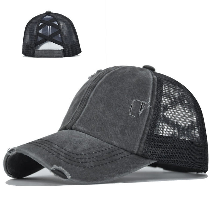 Cappellino da baseball in cotone lavato con inserti in rete incrociati effetto invecchiato. - Nero - Regolabile (circa 21 5/8"-22 7/8") - image 1