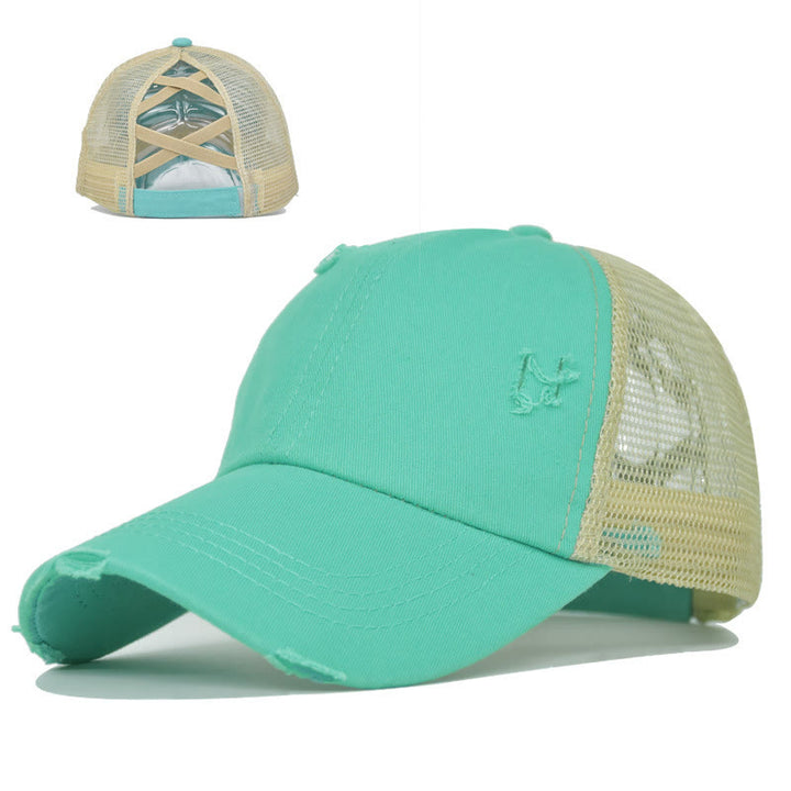 Cappellino da baseball in cotone lavato con inserti in rete incrociati effetto invecchiato. - Lago Verde - Regolabile (circa 21 5/8"-22 7/8") - image 7