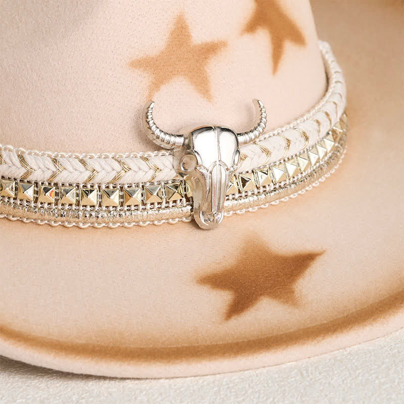 Cintura da uomo con testa di toro argentata e stelle, cappello da cowboy beige - image 2