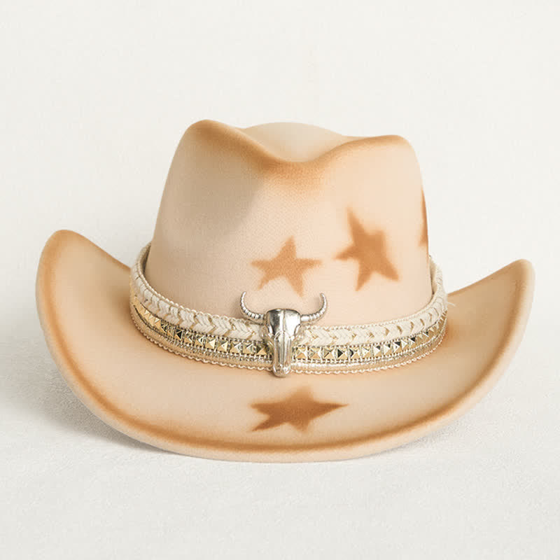 Cintura da uomo con testa di toro argentata e stelle, cappello da cowboy beige - image 1