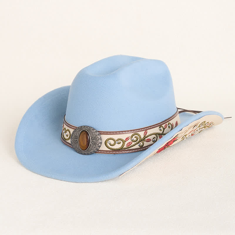 Cappello da cowboy da uomo con cintura e visiera color rubino ricamata a fiori - Azzurro cielo - M (22"-22 7/8") - image 0
