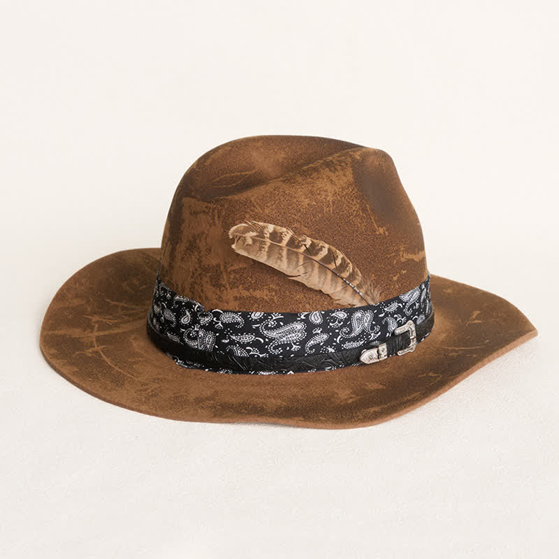 Cappello da cowboy in lana con cinturino in pelle Paisley e piume - Cammello - M (22"-21 7/8") - image 0