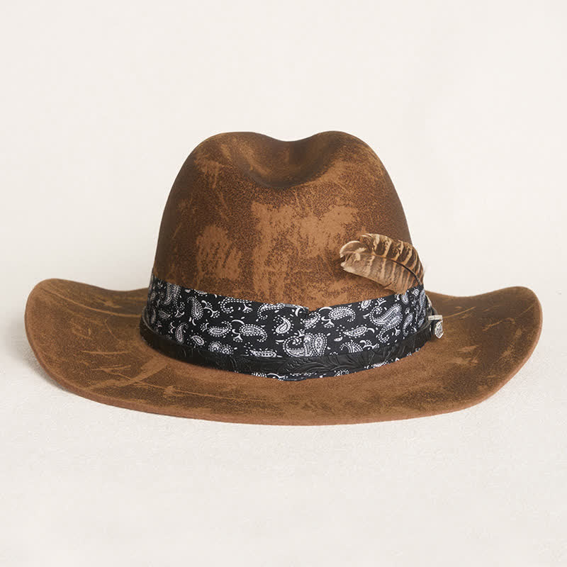 Cappello da cowboy in lana con cinturino in pelle Paisley e piume - image 1