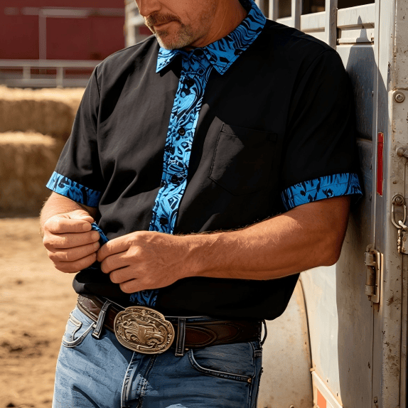 Camicia da uomo a maniche corte con polsini a contrasto e bottoni - Blu - 6XL - image 0