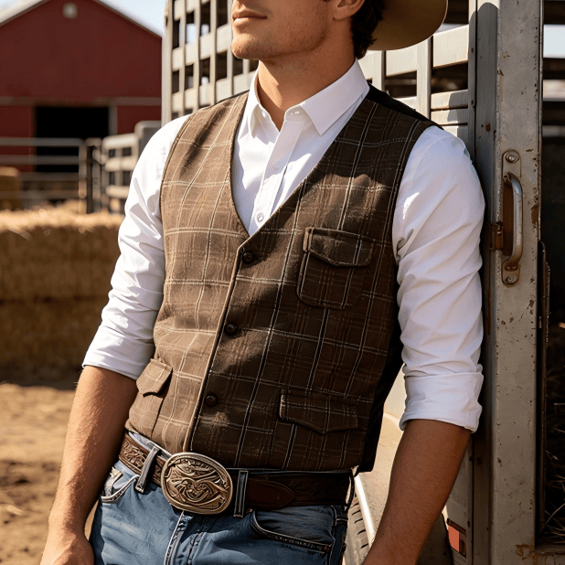 Gilet da uomo vintage a quadri con colletto e bottoni - Cachi - 2XL - image 0
