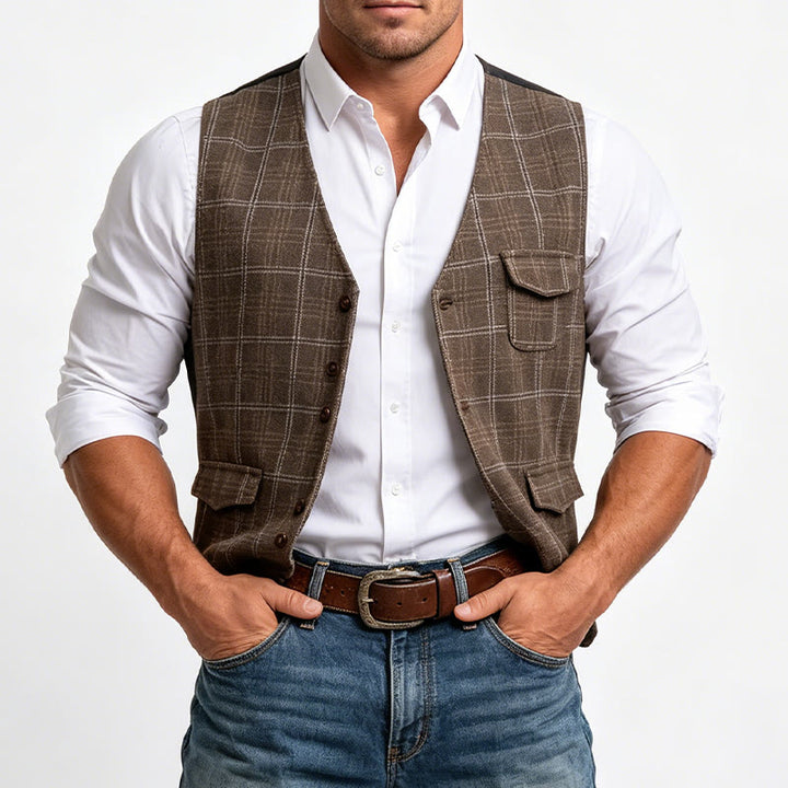 Gilet da uomo vintage a quadri con colletto e bottoni - image 1