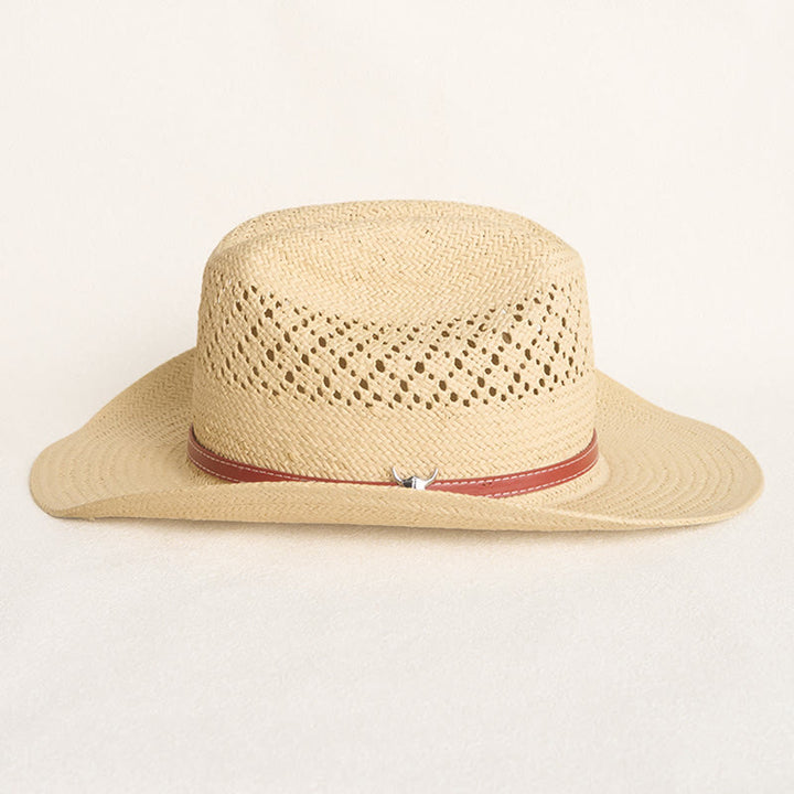 Cappello da cowboy in paglia a tesa larga con fascia in pelle, ideale per coppie in spiaggia. - image 5