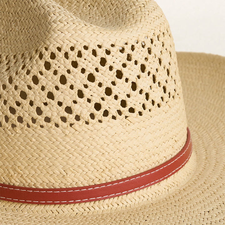 Cappello da cowboy in paglia a tesa larga con fascia in pelle, ideale per coppie in spiaggia. - image 3