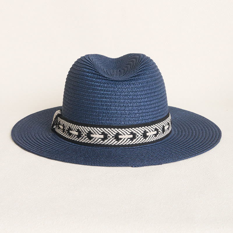 Cappello di paglia da donna con parte superiore piatta e fascia decorativa, ideale per il sole. - image 4