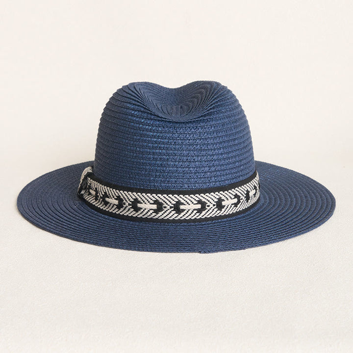 Cappello di paglia da donna con parte superiore piatta e fascia decorativa, ideale per il sole. - image 4