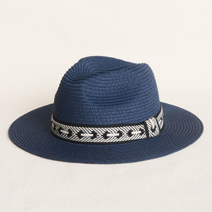 Cappello di paglia da donna con parte superiore piatta e fascia decorativa, ideale per il sole. - Blu navy - Regolabile (circa 22"-22 7/8") - image 0