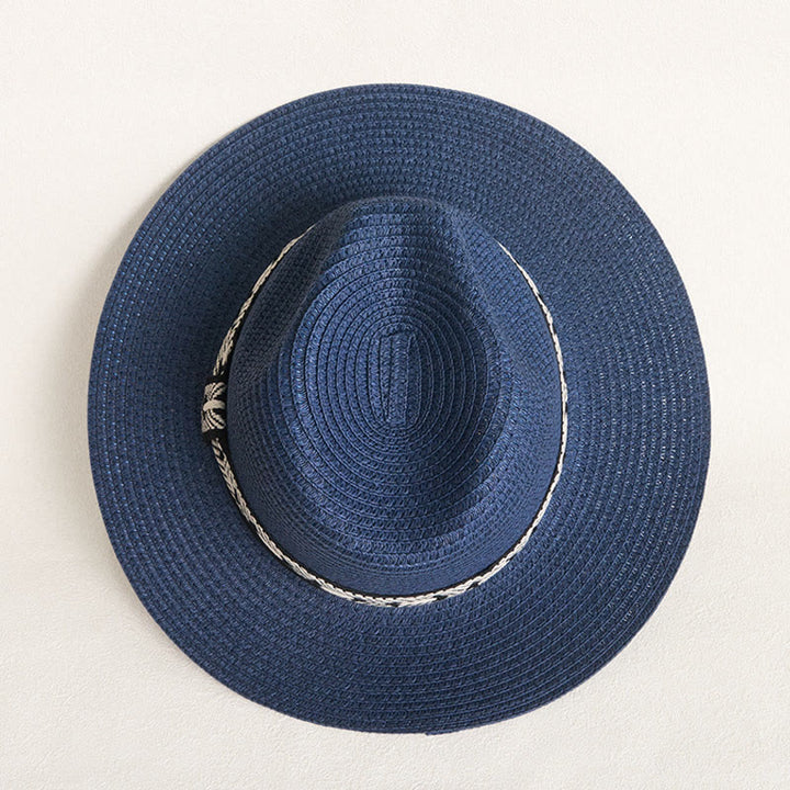 Cappello di paglia da donna con parte superiore piatta e fascia decorativa, ideale per il sole. - image 5