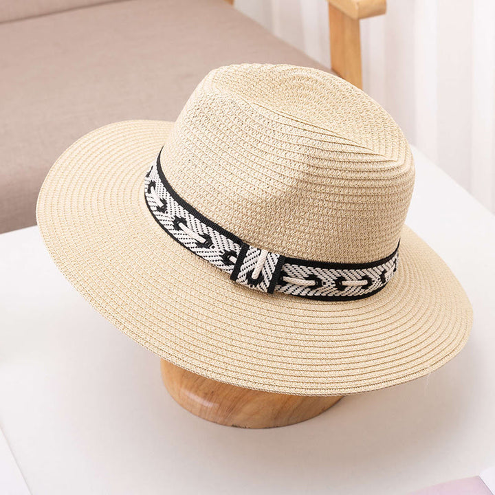 Cappello di paglia da donna con parte superiore piatta e fascia decorativa, ideale per il sole. - Beige - Regolabile (circa 22"-22 7/8") - image 8