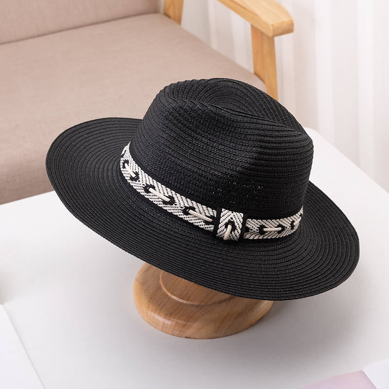 Cappello di paglia da donna con parte superiore piatta e fascia decorativa, ideale per il sole. - Nero - Regolabile (circa 22"-22 7/8") - image 10