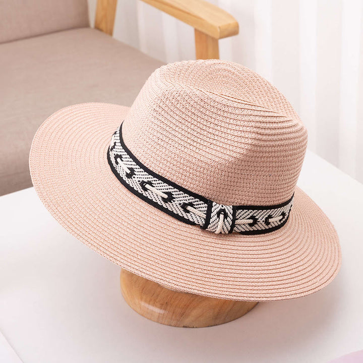 Cappello di paglia da donna con parte superiore piatta e fascia decorativa, ideale per il sole. - Rosa - Regolabile (circa 22"-22 7/8") - image 7