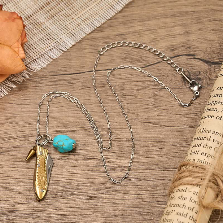 Collana con coltellino tascabile unico a forma di pesce in ottone e turchese - image 3