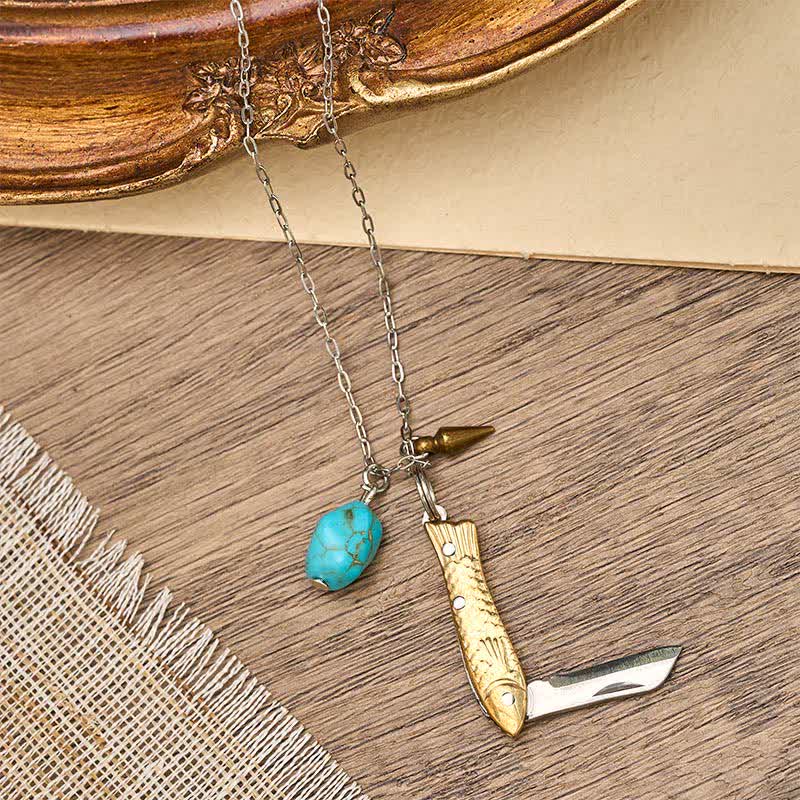 Collana con coltellino tascabile unico a forma di pesce in ottone e turchese - image 2