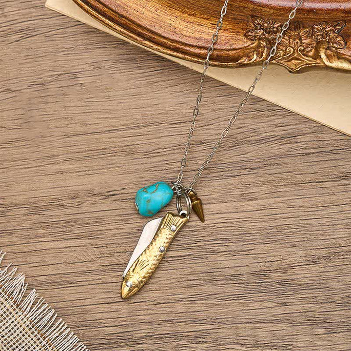 Collana con coltellino tascabile unico a forma di pesce in ottone e turchese - Bronzo - image 0