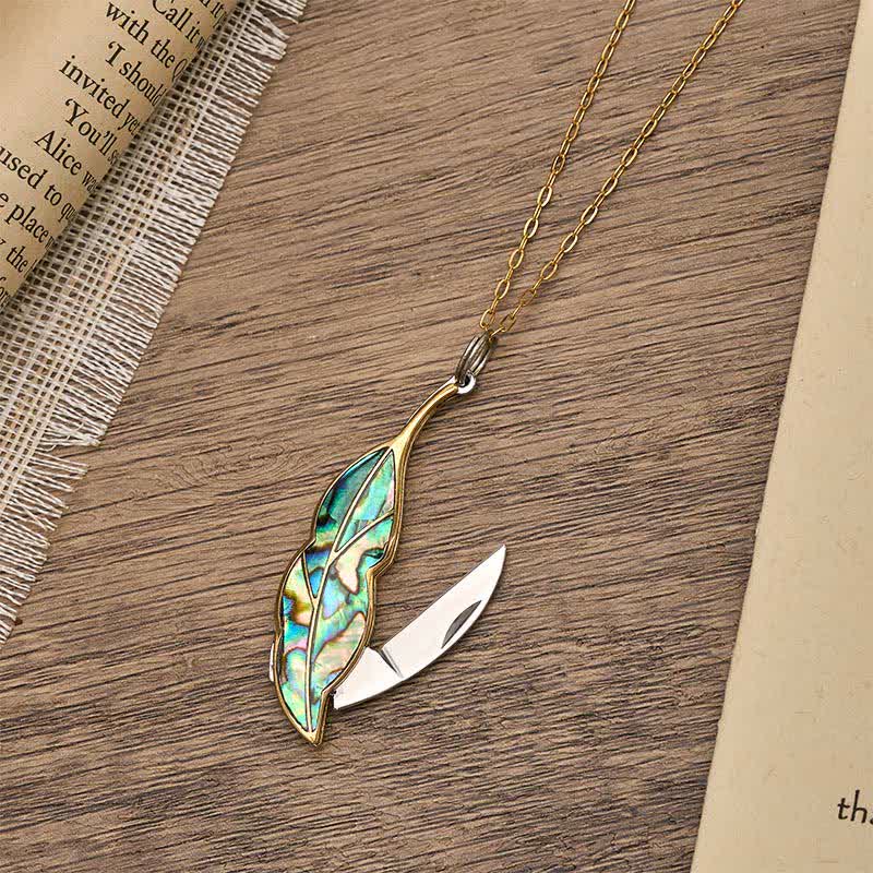 Collana con coltellino tascabile funzionale a forma di foglia in abalone - Oro - image 0
