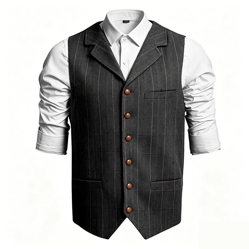 Gilet da uomo a quadri con colletto a risvolto, monopetto. - Nero - 3XL - image 3
