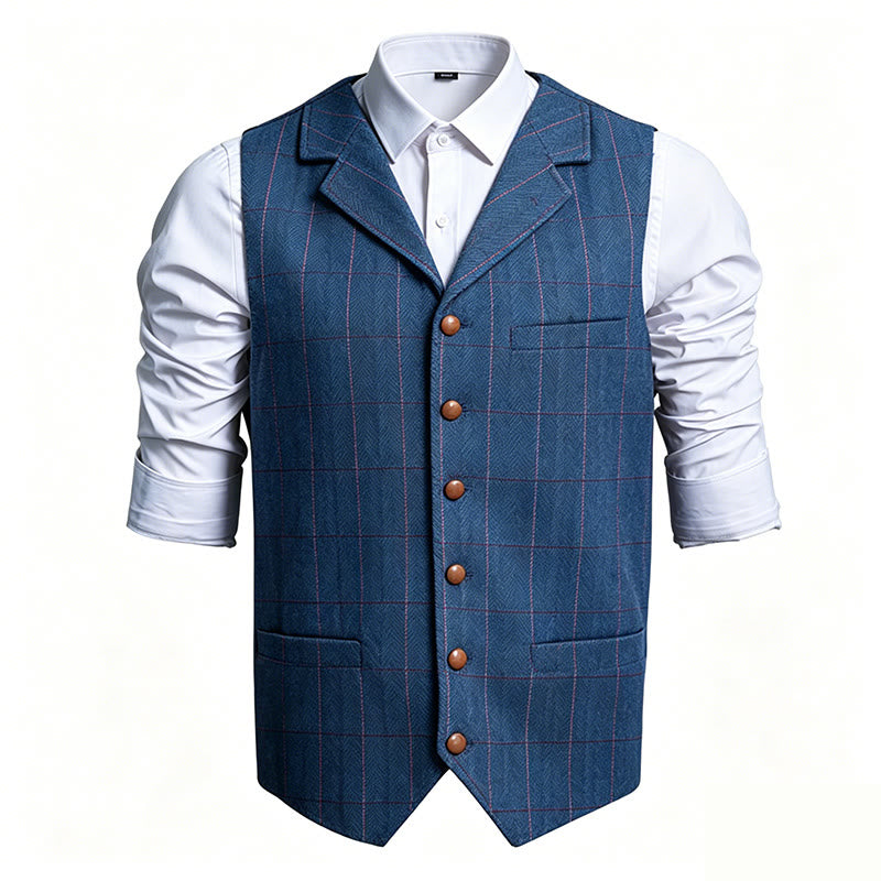 Gilet da uomo a quadri con colletto a risvolto, monopetto. - Blu - 3XL - image 1