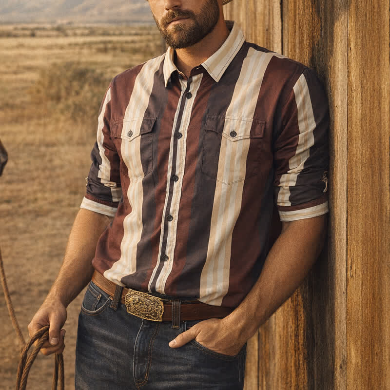 Camicia da uomo a maniche lunghe a righe verticali in stile western, bordeaux e grigio. - Borgogna e grigio - 5XL - image 0