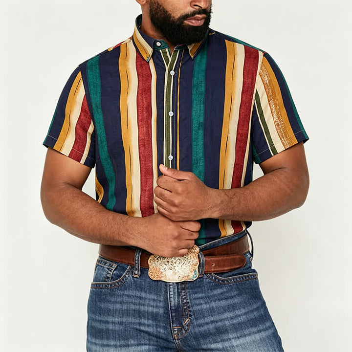 Camicia da uomo a righe gialle e blu navy con effetto pennellata effetto invecchiato - image 1