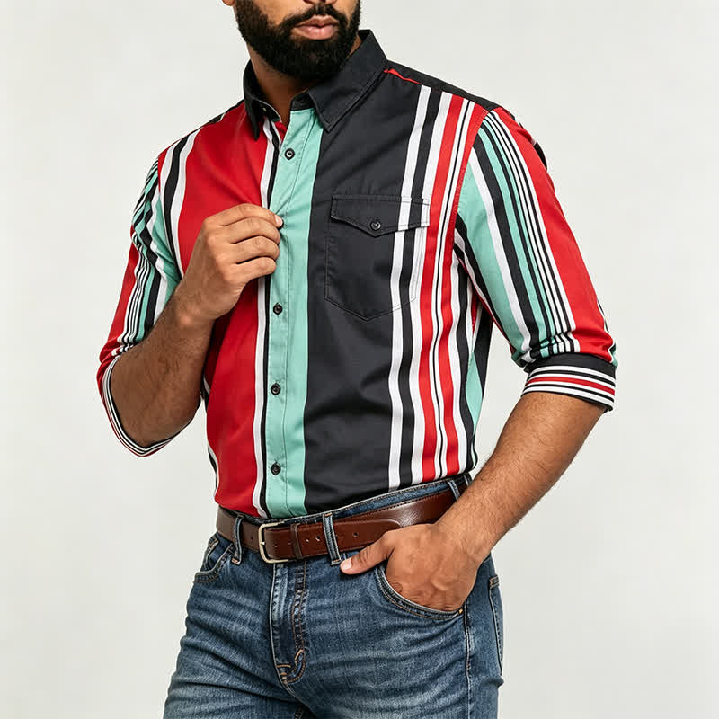 Camicia da uomo a maniche lunghe con motivo a righe multicolore a blocchi. - image 2