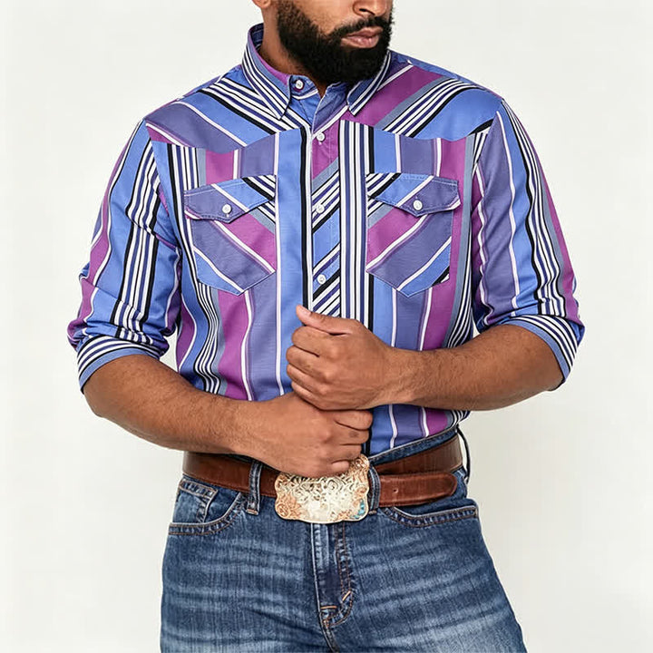 Camicia da uomo a maniche lunghe in stile western, blu e viola, ispirata agli Aztechi. - image 1