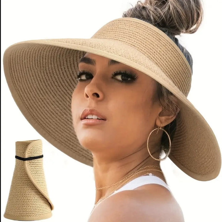 Cappello da sole da spiaggia da donna a tesa larga, portatile e aperto in paglia - image 4