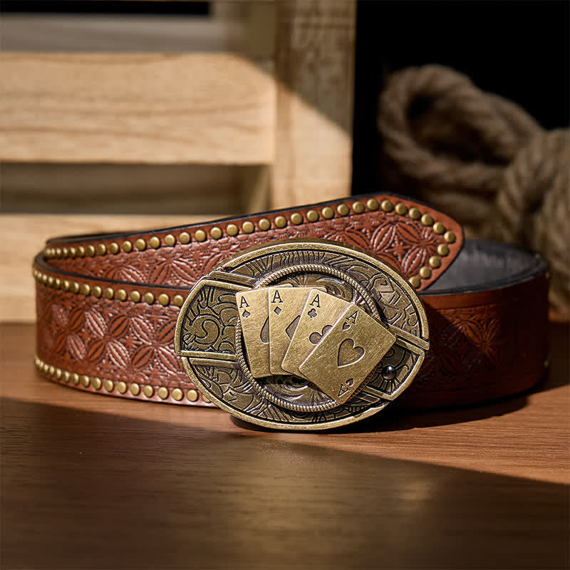 Cintura in pelle con fibbia a coltello pieghevole nascosto fai-da-te Four Aces Poker - Poker di bronzo - Cintura con rivetti marroni - 42 - image 6
