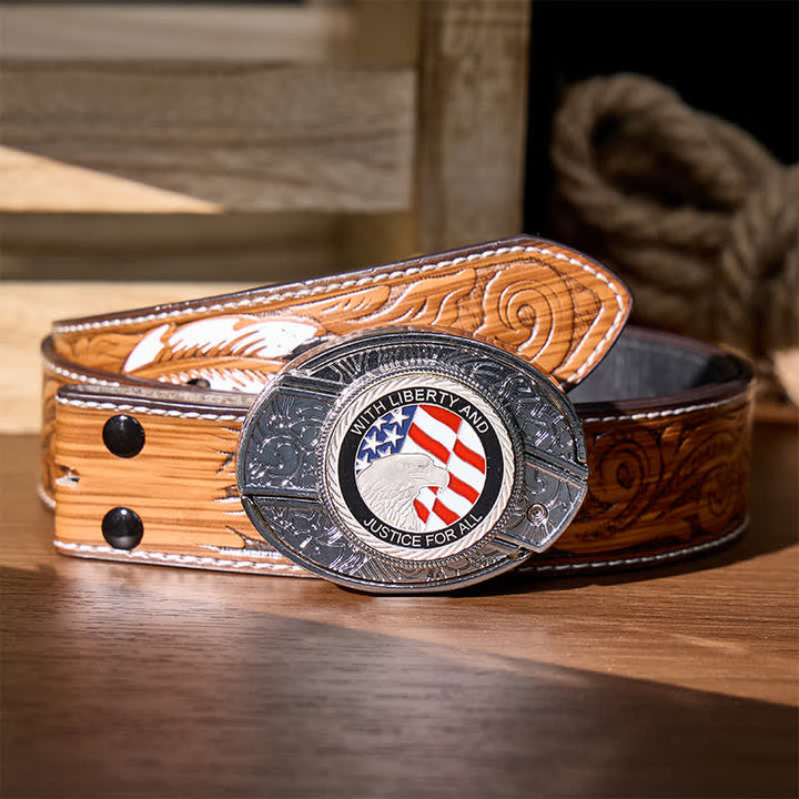 Cintura in pelle con fibbia a forma di aquila e coltello pieghevole nascosto fai-da-te Liberty & Justice - Aquila con la bandiera americana - Cintura di piume marroni - 40 - image 9