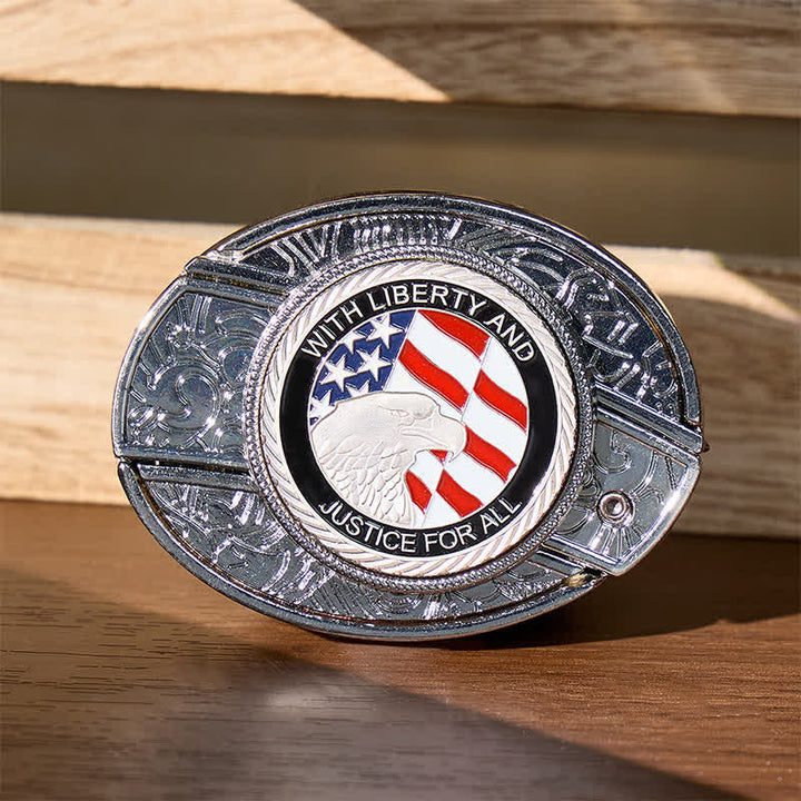 Cintura in pelle con fibbia a forma di aquila e coltello pieghevole nascosto fai-da-te Liberty & Justice - Aquila con la bandiera americana - Senza cintura - Cintura non inclusa - image 0