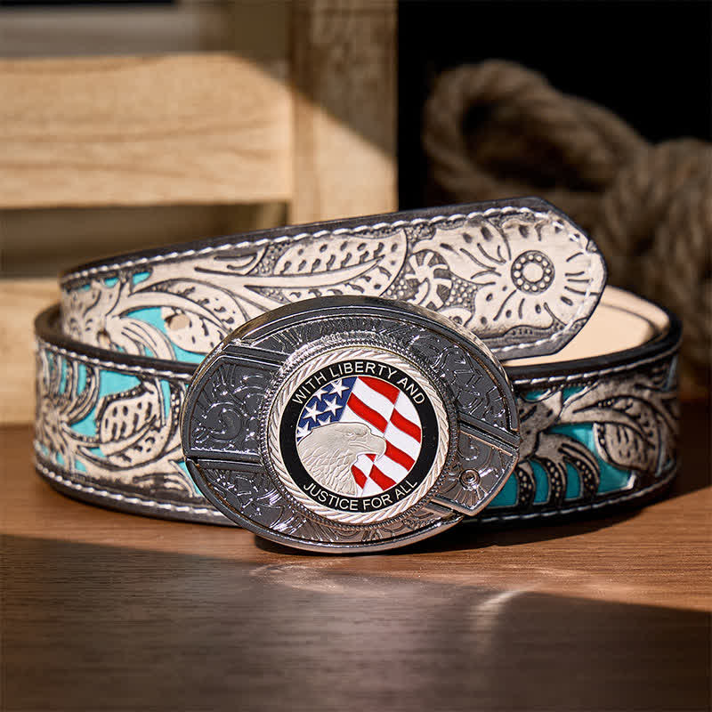 Cintura in pelle con fibbia a forma di aquila e coltello pieghevole nascosto fai-da-te Liberty & Justice - Aquila con la bandiera americana - Cintura grigia a fiori - 42 - image 10