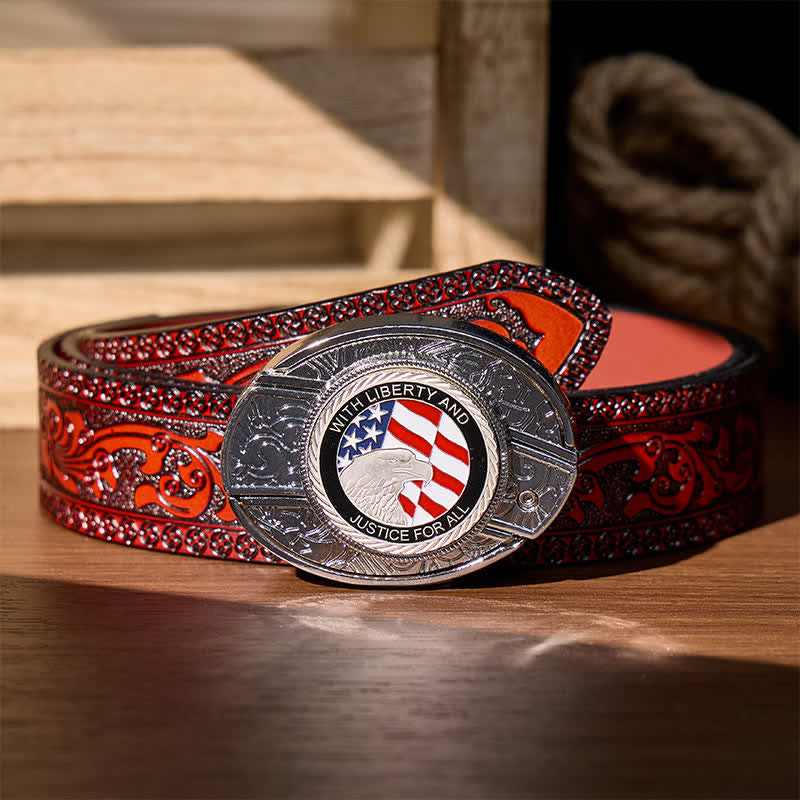 Cintura in pelle con fibbia a forma di aquila e coltello pieghevole nascosto fai-da-te Liberty & Justice - Aquila con la bandiera americana - Cintura intagliata marrone - 42 - image 8