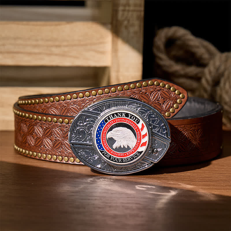 Cintura in pelle con fibbia a forma di aquila e coltello pieghevole nascosto fai-da-te Honor & Courage - Aquila patriottica - Cintura con rivetti marroni - 42 - image 6