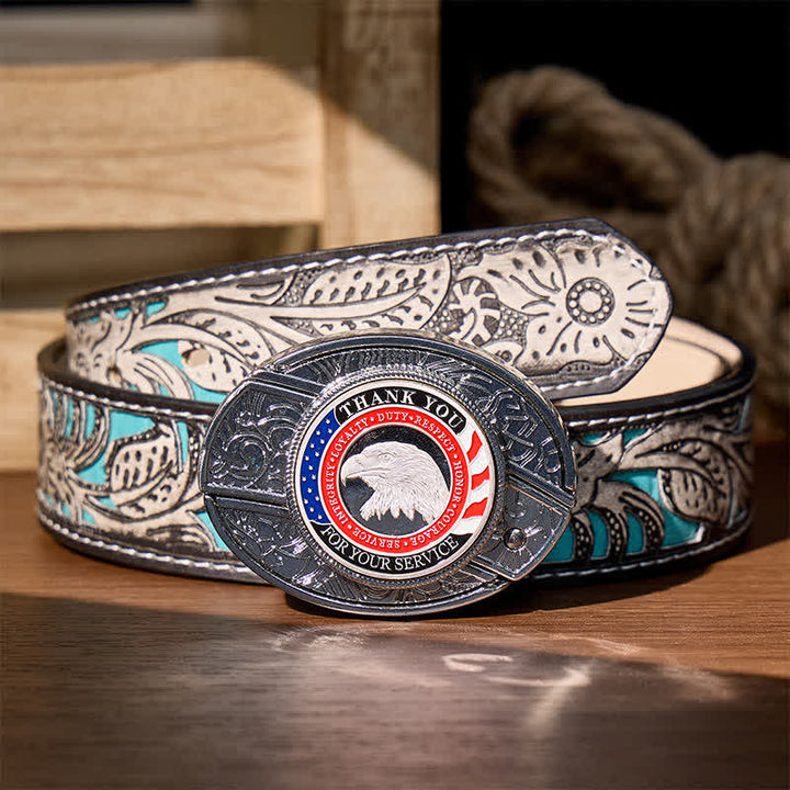 Cintura in pelle con fibbia a forma di aquila e coltello pieghevole nascosto fai-da-te Honor & Courage - Aquila patriottica - Cintura grigia a fiori - 42 - image 10