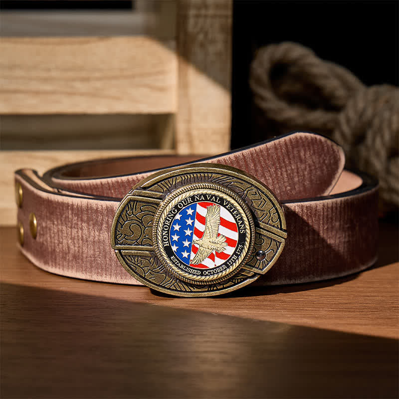 Cintura in pelle con fibbia a forma di aquila e coltello pieghevole nascosto fai-da-te in onore dei veterani della Marina. - Aquila patriottica e bandiera - Cintura marrone effetto invecchiato - 42 - image 7